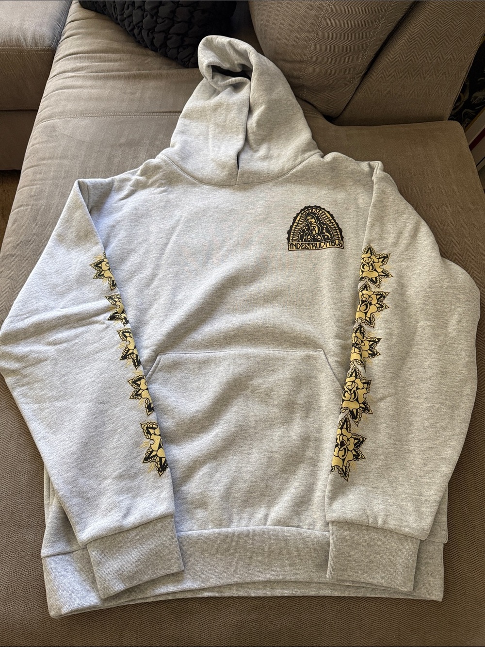 Indestructible Light Gray Hooded Sweatshirt with Floral Sleeve Detail - NEW!